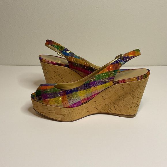 Stuart Weitzman Jean Winsel Tinsel Slingback Espadrille Wedge Sandals Sz 7.5M - Picture 5 of 9